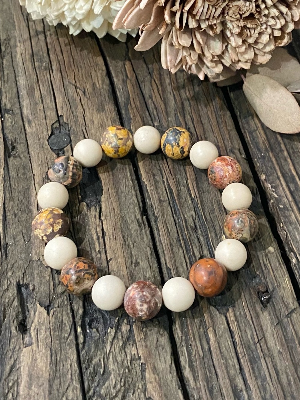 Neutral Jasper & Coral Beaded Stretch Bracelet